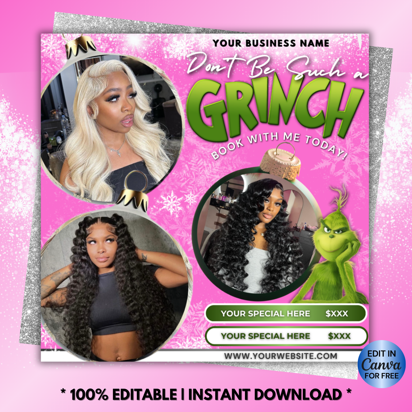 Christmas Booking Flyer December Booking Flyer, Grinchmas Hair, Lash, Nails, Wigs | Edit in Canva