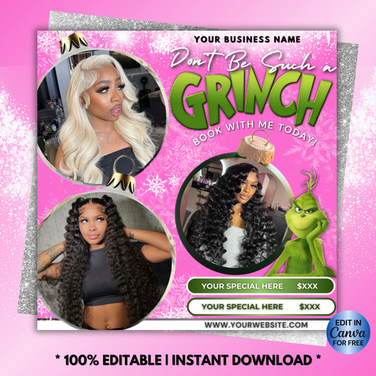 Christmas Booking Flyer December Booking Flyer, Grinchmas Hair, Lash, Nails, Wigs | Edit in Canva
