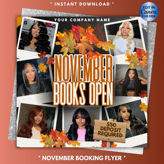 November Booking Flyer for Hairstylists, Lash Techs, Nail Techs + More | Canva Template