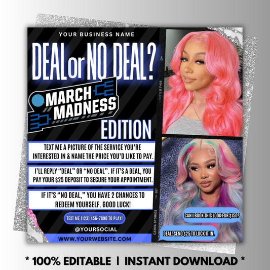 Deal or No Deal Flyer, March Booking Flyer | Lash, Hair, Nails, Braids, Makeup | Edit in Canva