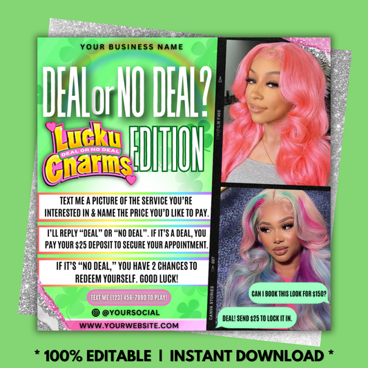Deal or No Deal Flyer, March Booking Flyer | Lash, Hair, Nails, Braids, Makeup | Edit in Canva