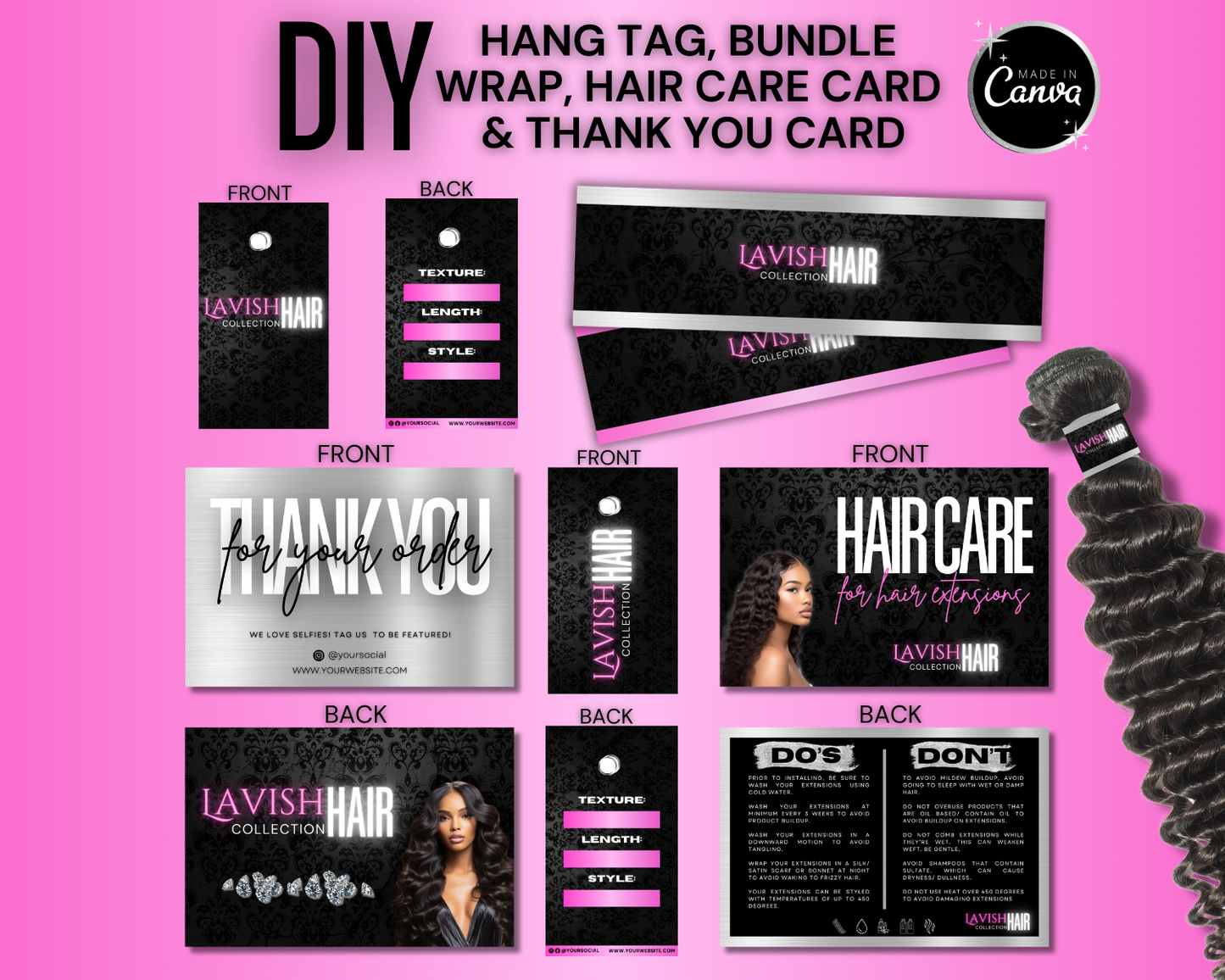 Hair Business Branding Kit, Bundle Wrap, Hang Tag, Thank You Card Template | Edit in Canva