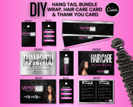 Hair Business Branding Kit, Bundle Wrap, Hang Tag, Thank You Card Template | Edit in Canva