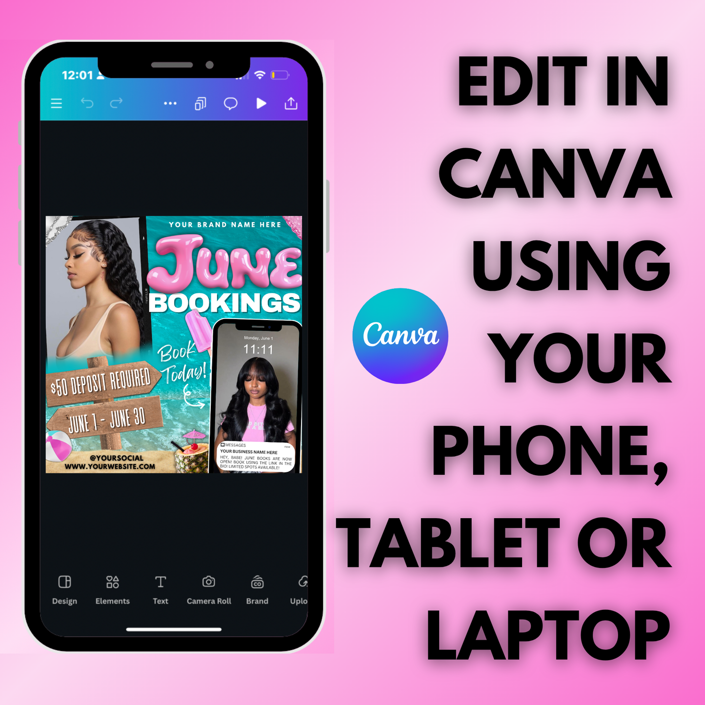 June Booking Flyer | Edit in Canva | Hair, Lash, Nails, Braids, Wigs