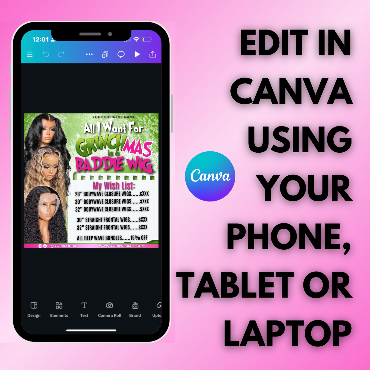 Christmas Hair Flyer for Hairstylists, Wig Sale Flyer | December Booking Flyer | Canva Template