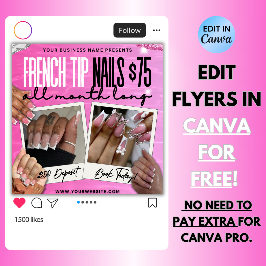Nail Flyer | French Tip Nails Booking Flyer | Editable Canva Template