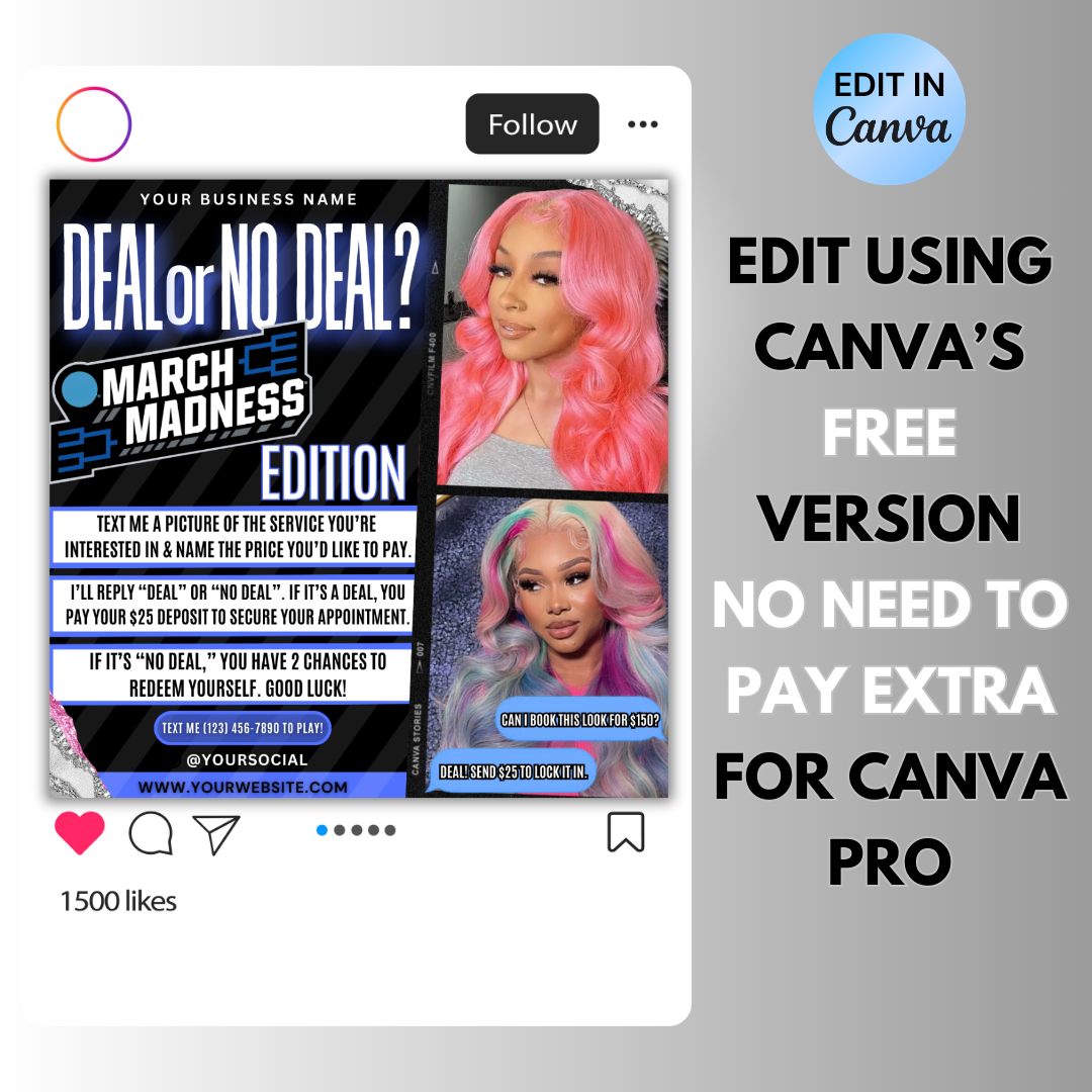 Deal or No Deal Flyer, March Booking Flyer | Lash, Hair, Nails, Braids, Makeup | Edit in Canva