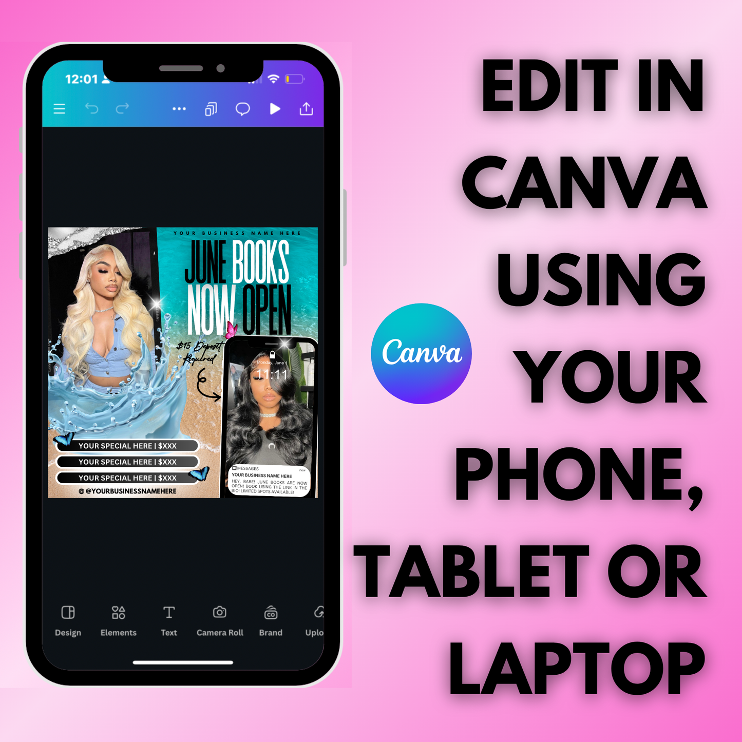 June Booking Flyer | Edit in Canva | Hair, Lash, Nails, Braids, Wigs