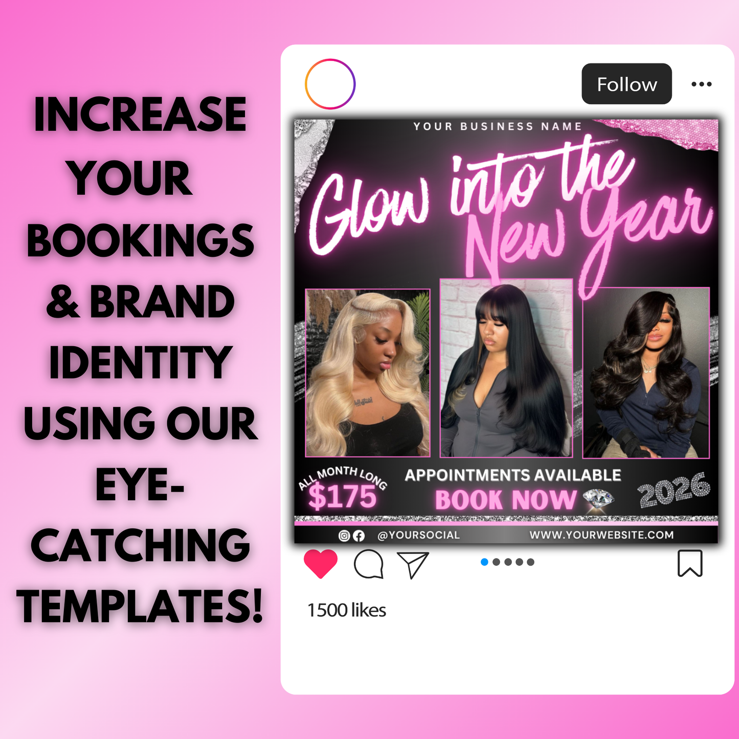 January Booking Flyer, New Year Specials for Hair, Lash, Braids Nail Makeup Wig Esthetician | Canva Template