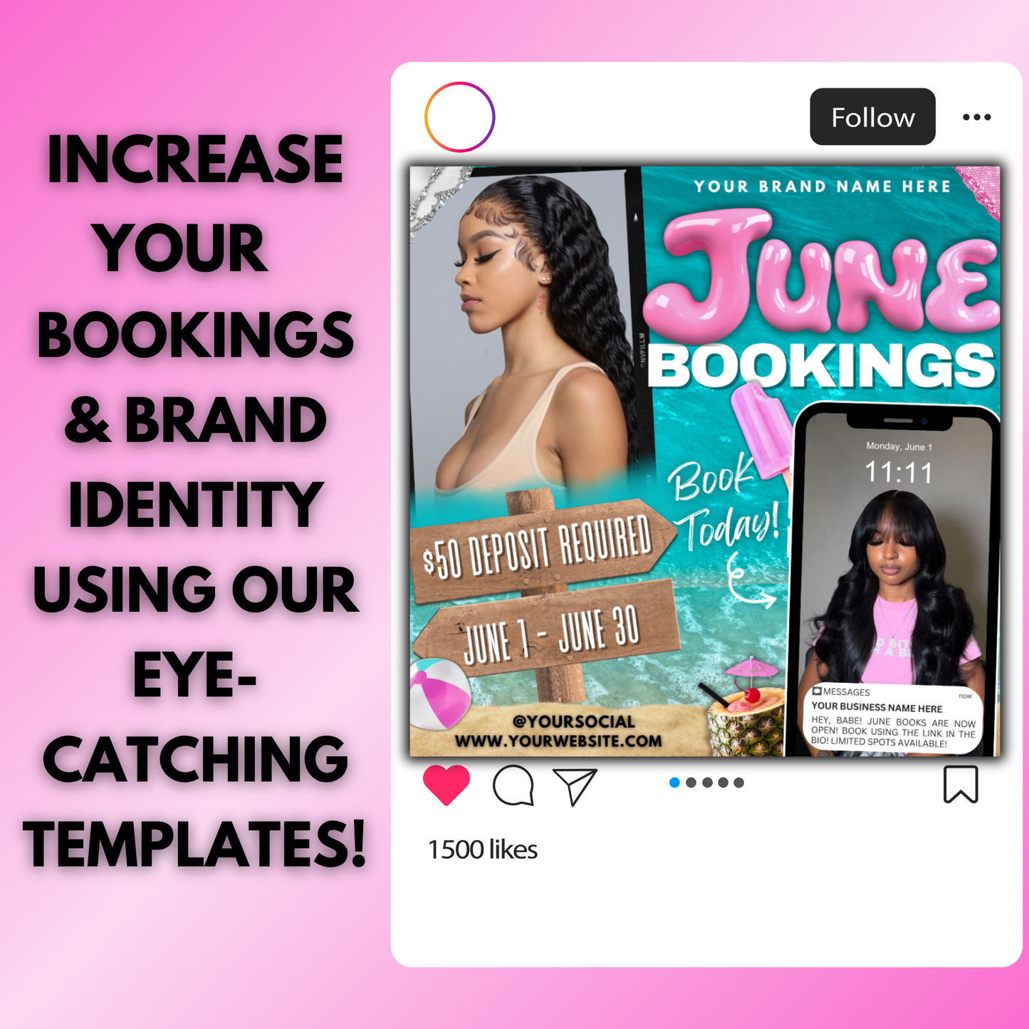 June Booking Flyer | Edit in Canva | Hair, Lash, Nails, Braids, Wigs