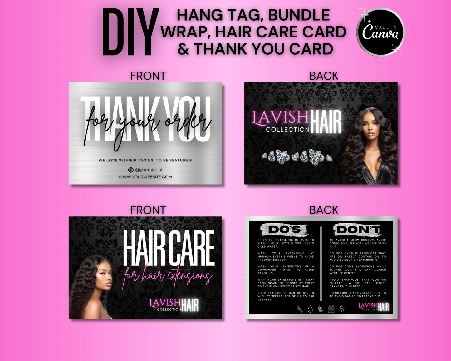 Hair Business Branding Kit, Bundle Wrap, Hang Tag, Thank You Card Template | Edit in Canva