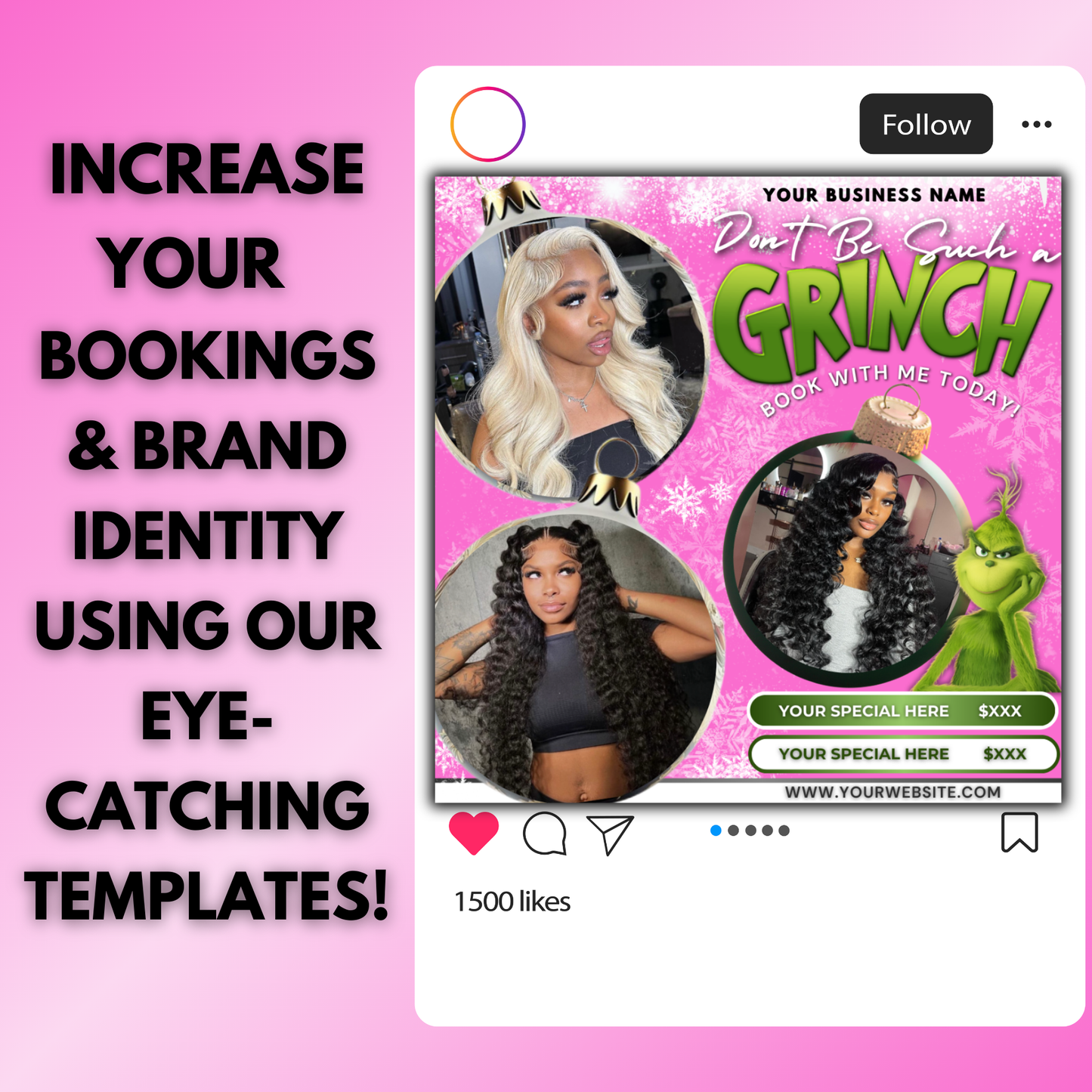 Christmas Booking Flyer December Booking Flyer, Grinchmas Hair, Lash, Nails, Wigs | Edit in Canva