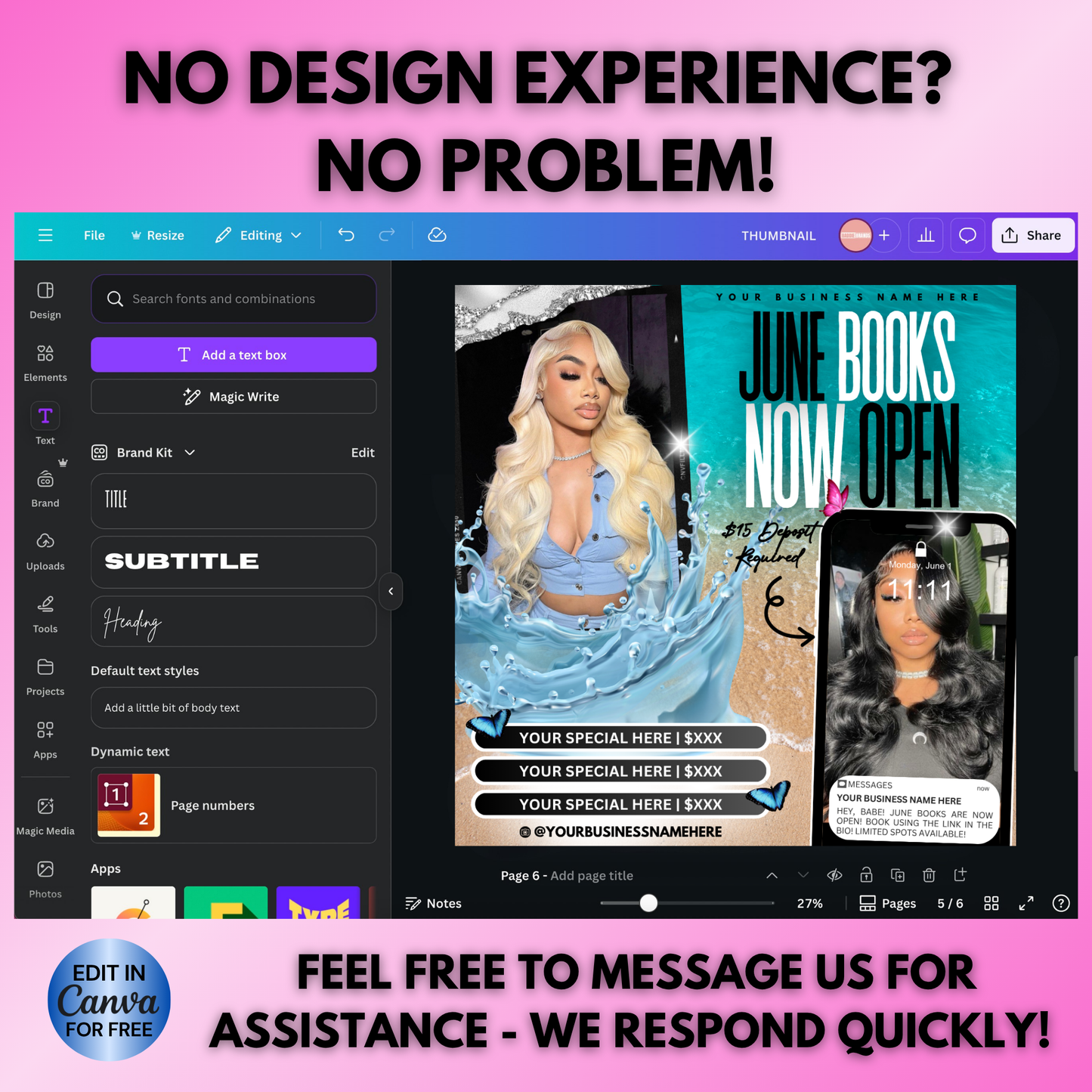 June Booking Flyer | Edit in Canva | Hair, Lash, Nails, Braids, Wigs