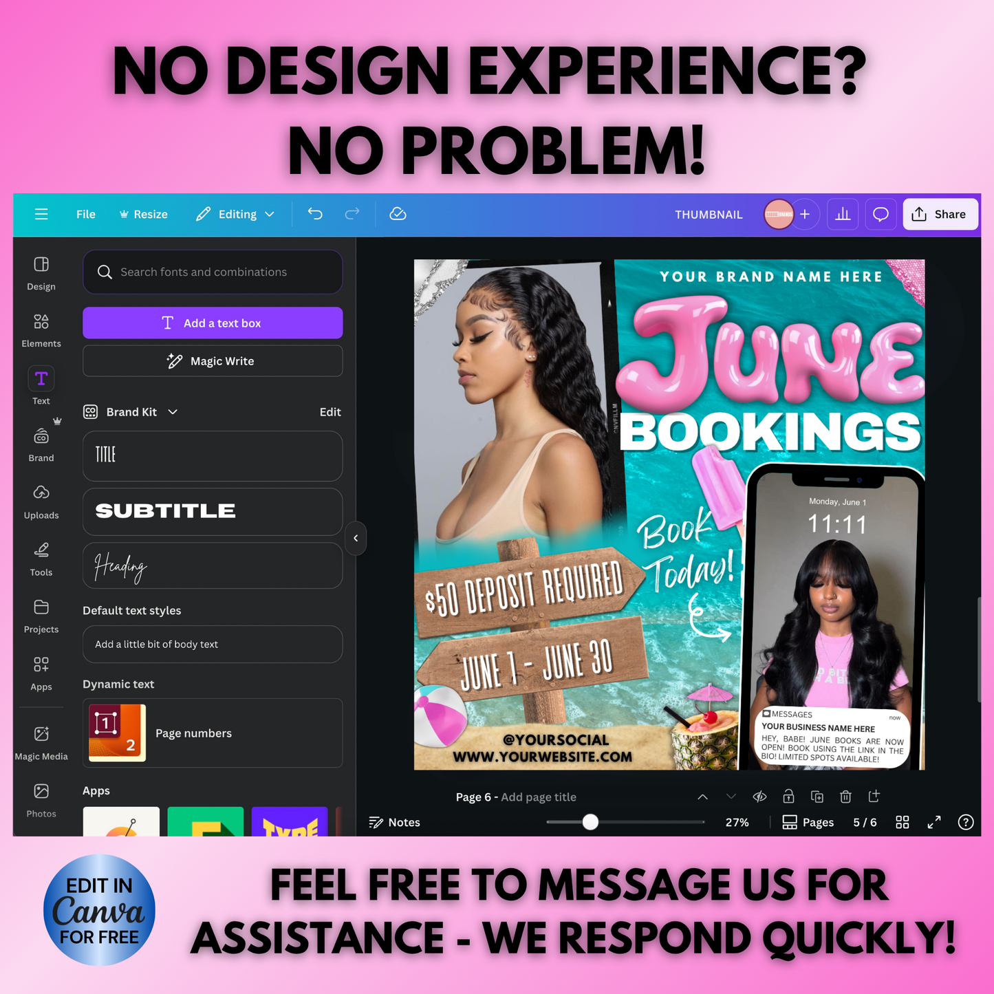 June Booking Flyer | Edit in Canva | Hair, Lash, Nails, Braids, Wigs