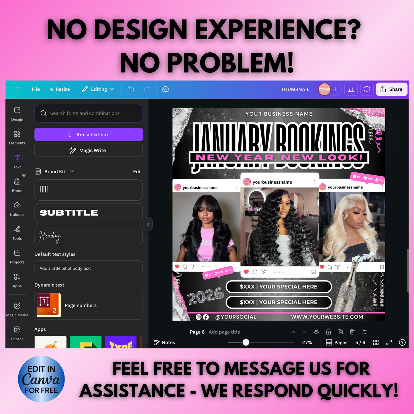 January Booking Flyer | New Year Booking Flyer for Hair, Lash, Nails | Canva Template