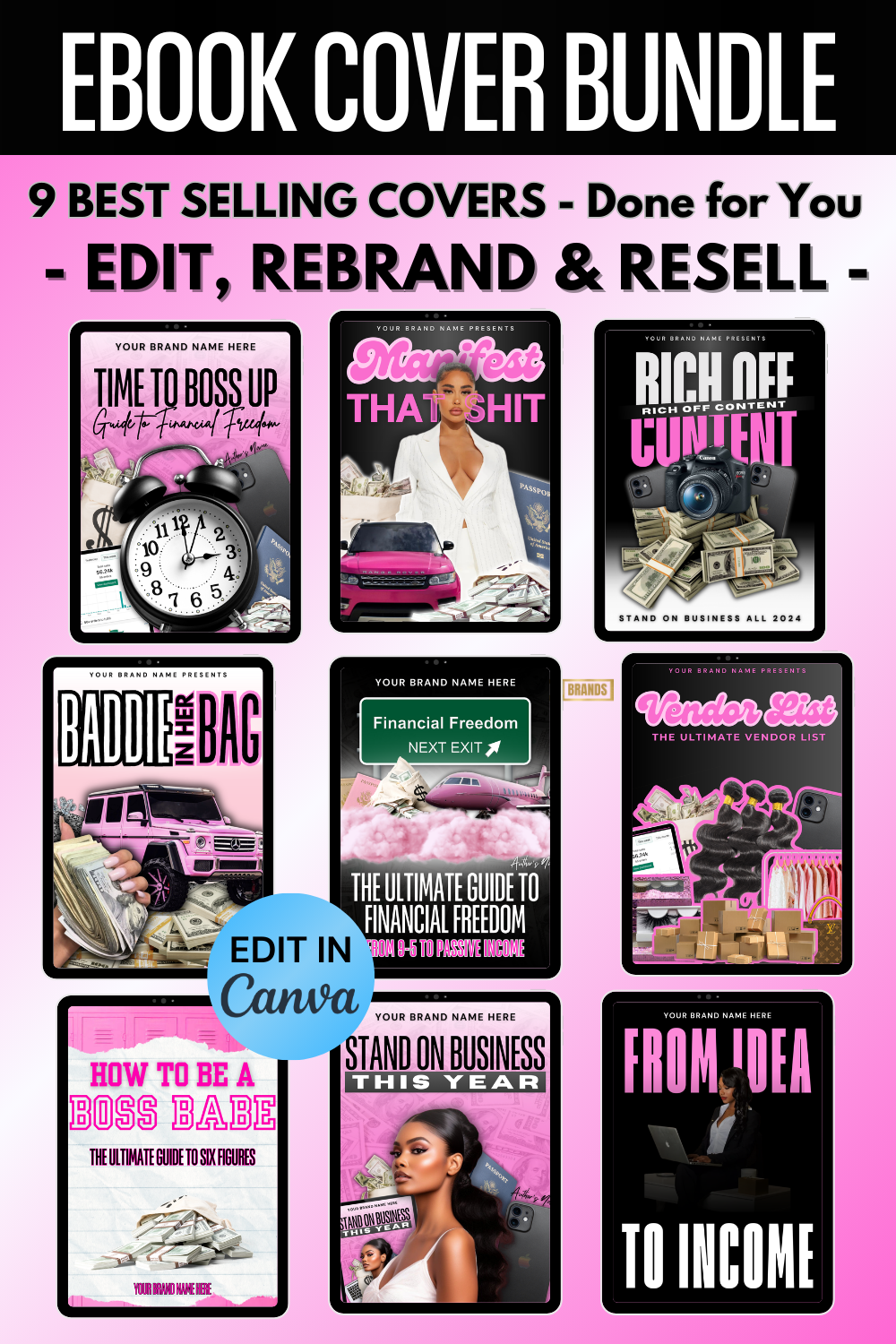 Ebook Cover Bundle - 9 Done For You Ebook Cover Templates - Add your Brand and Resell