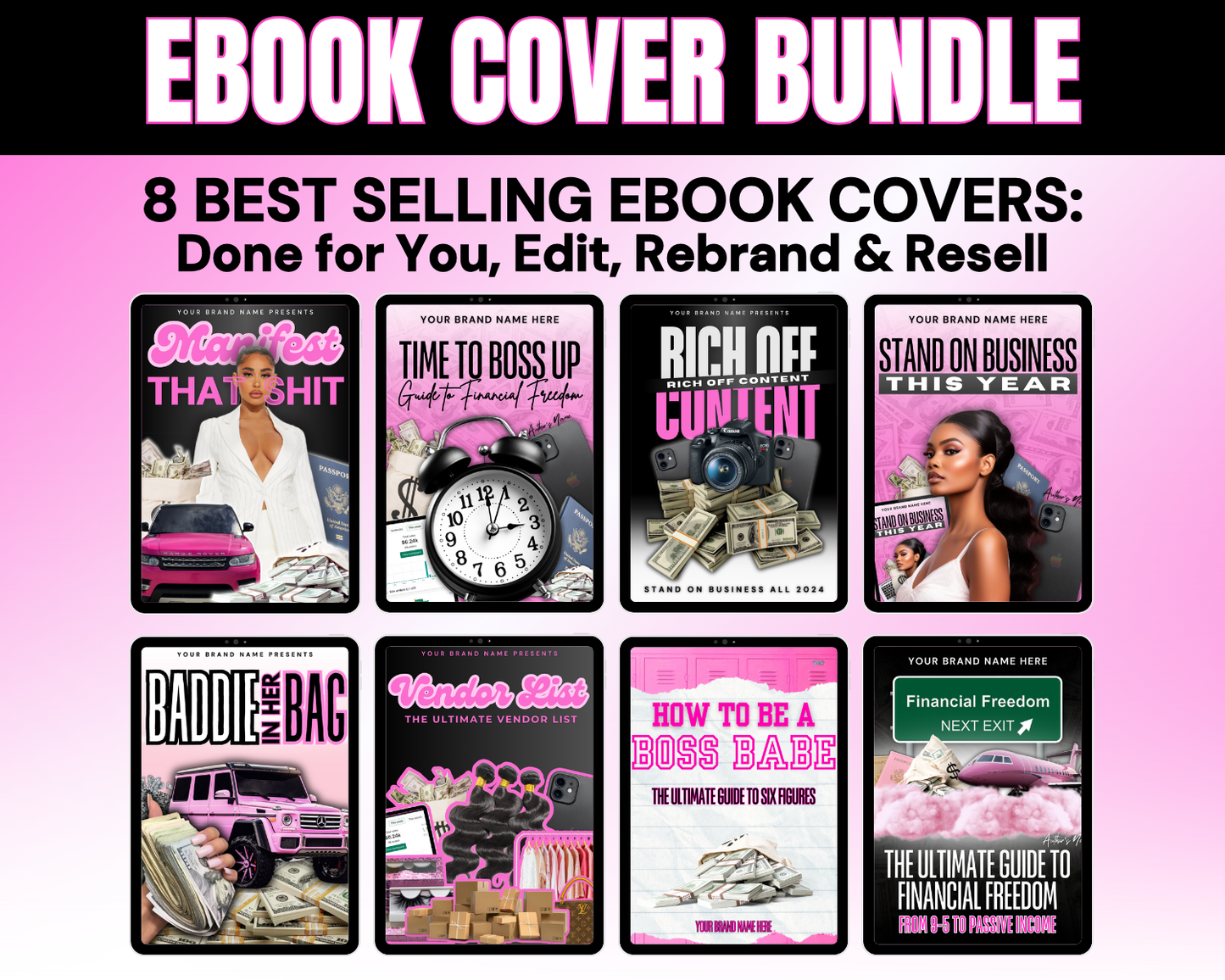 Ebook Cover Bundle - 8 Done For You Ebook Cover Templates - Add your Brand and Resell