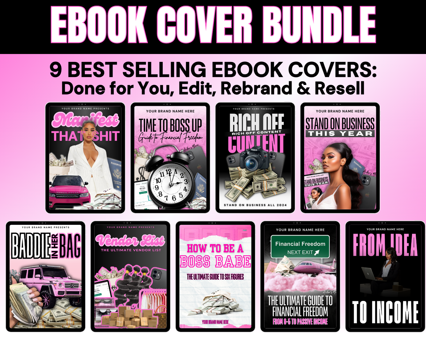 Ebook Cover Bundle - 9 Done For You Ebook Cover Templates - Add your Brand and Resell
