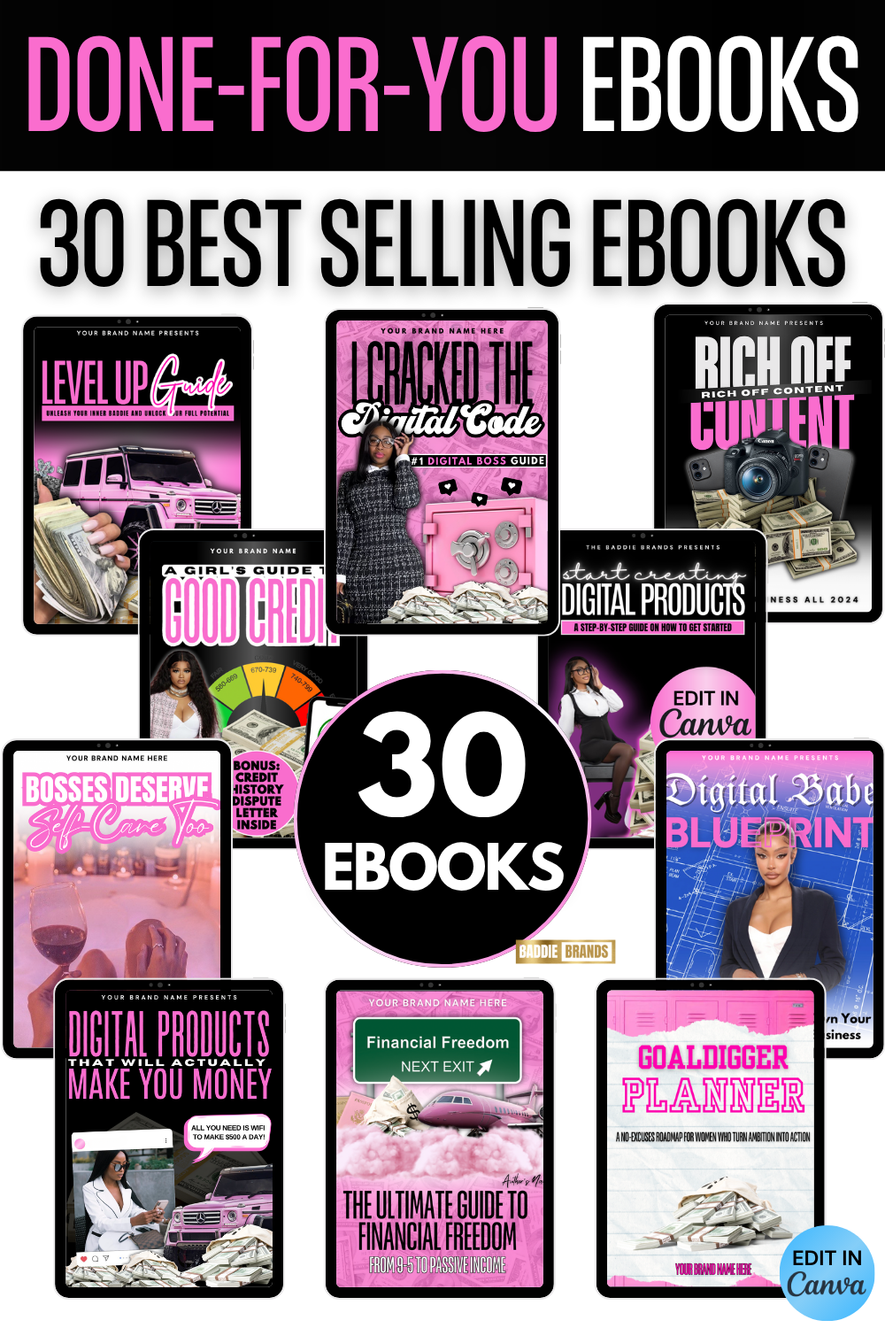 30 Ebook Template Bundle with Resell Rights | Editable Canva PLR Templates for Digital Products