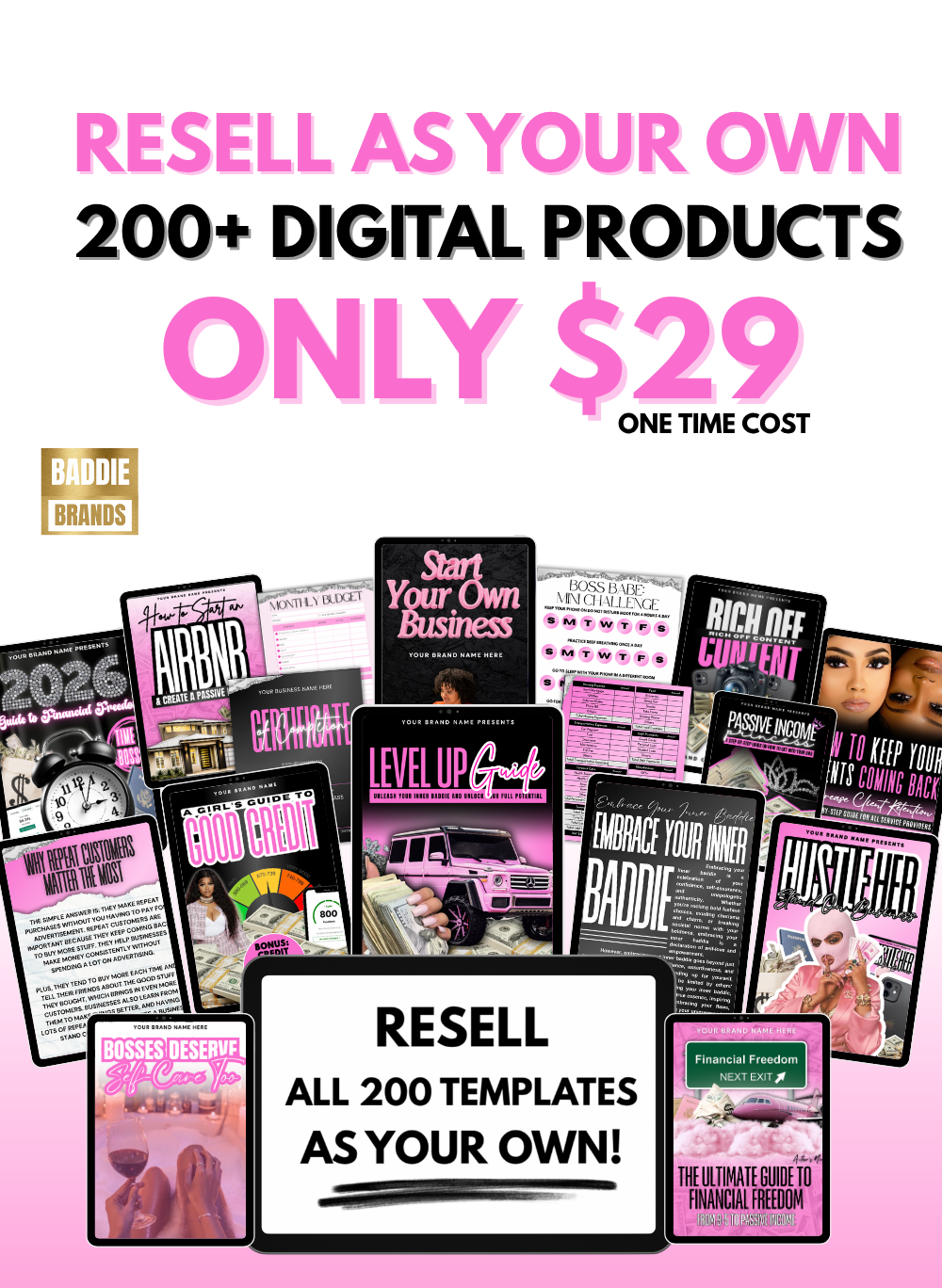 Promotional graphic for reselling digital products with various templates and text on a pink background.