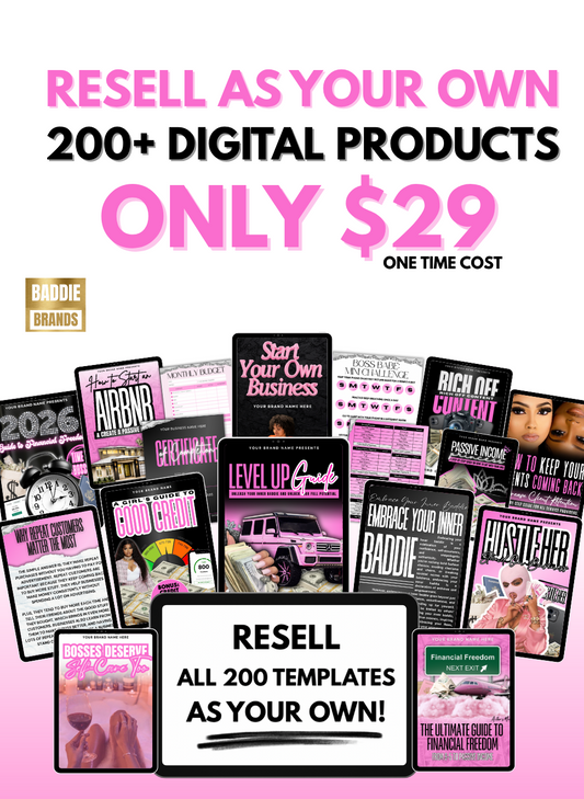 Promotional graphic for reselling digital products with various templates and text on a pink background.
