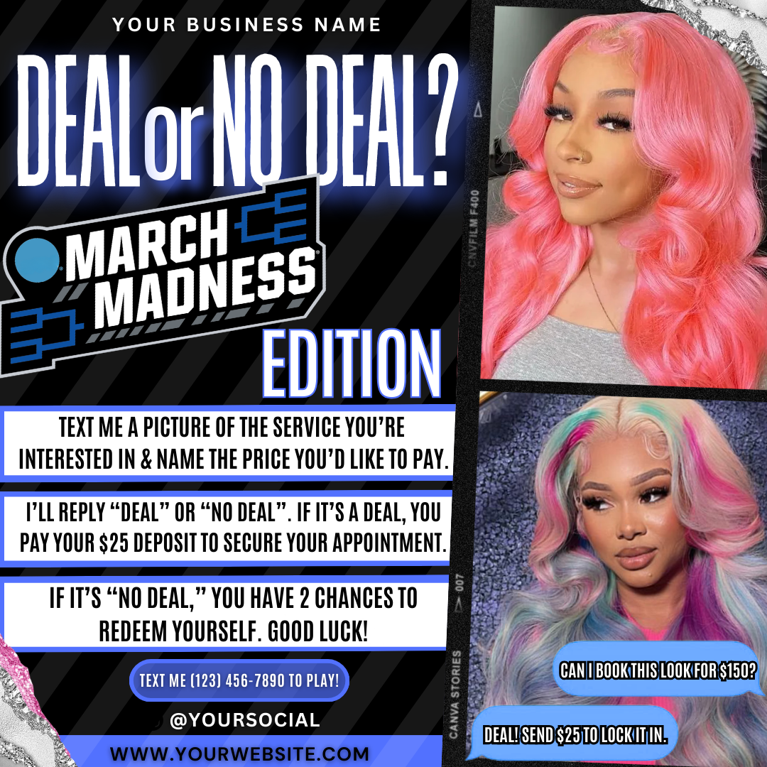 Deal or No Deal Flyer, March Booking Flyer | Lash, Hair, Nails, Braids, Makeup | Edit in Canva