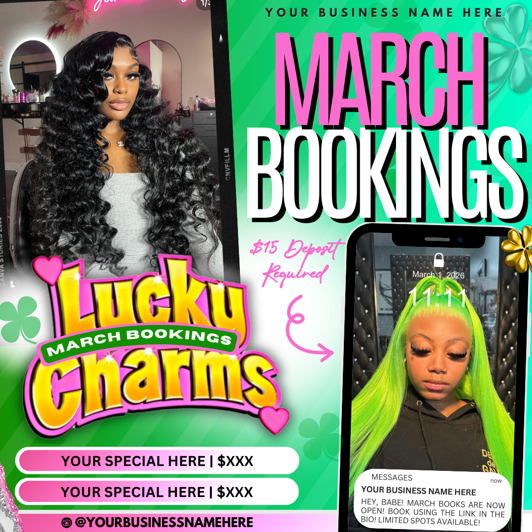 March Booking Flyer | Lash, Hair, Nails, Braids, Makeup | Edit in Canva