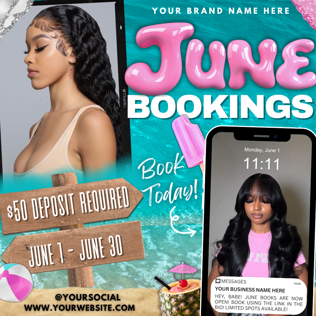 June Booking Flyer | Edit in Canva | Hair, Lash, Nails, Braids, Wigs