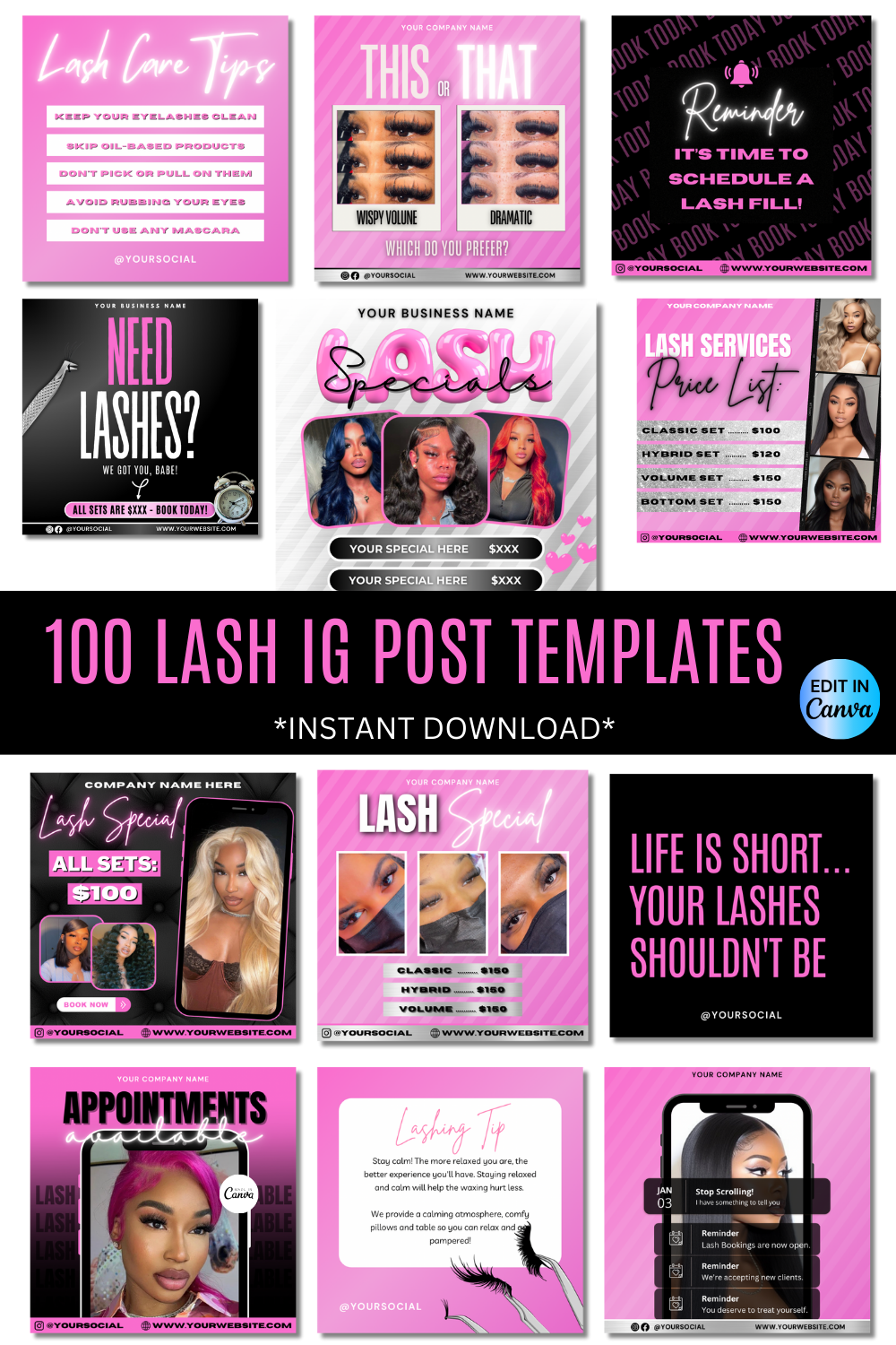 Lash Booking Flyer - 100 Social Media Posts, Instagram Bundle | Lash Content, Lash Instagram Posts, Lash Booking