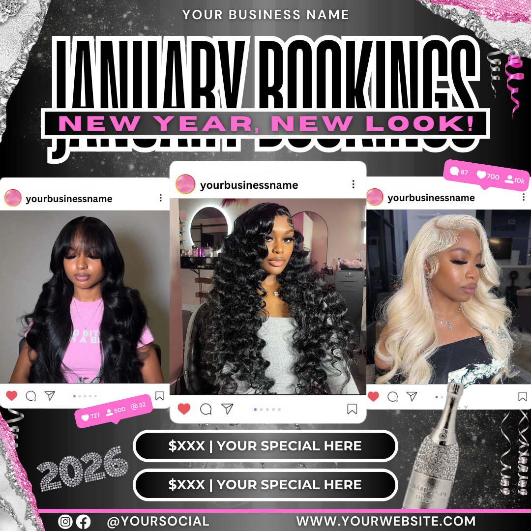 January Booking Flyer | New Year Booking Flyer for Hair, Lash, Nails | Canva Template