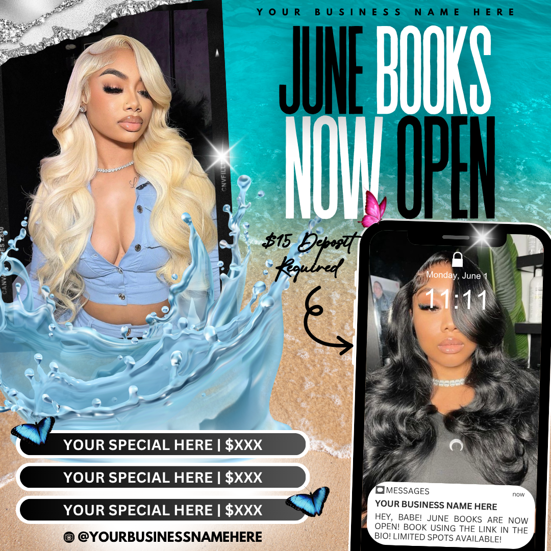 June Booking Flyer | Edit in Canva | Hair, Lash, Nails, Braids, Wigs