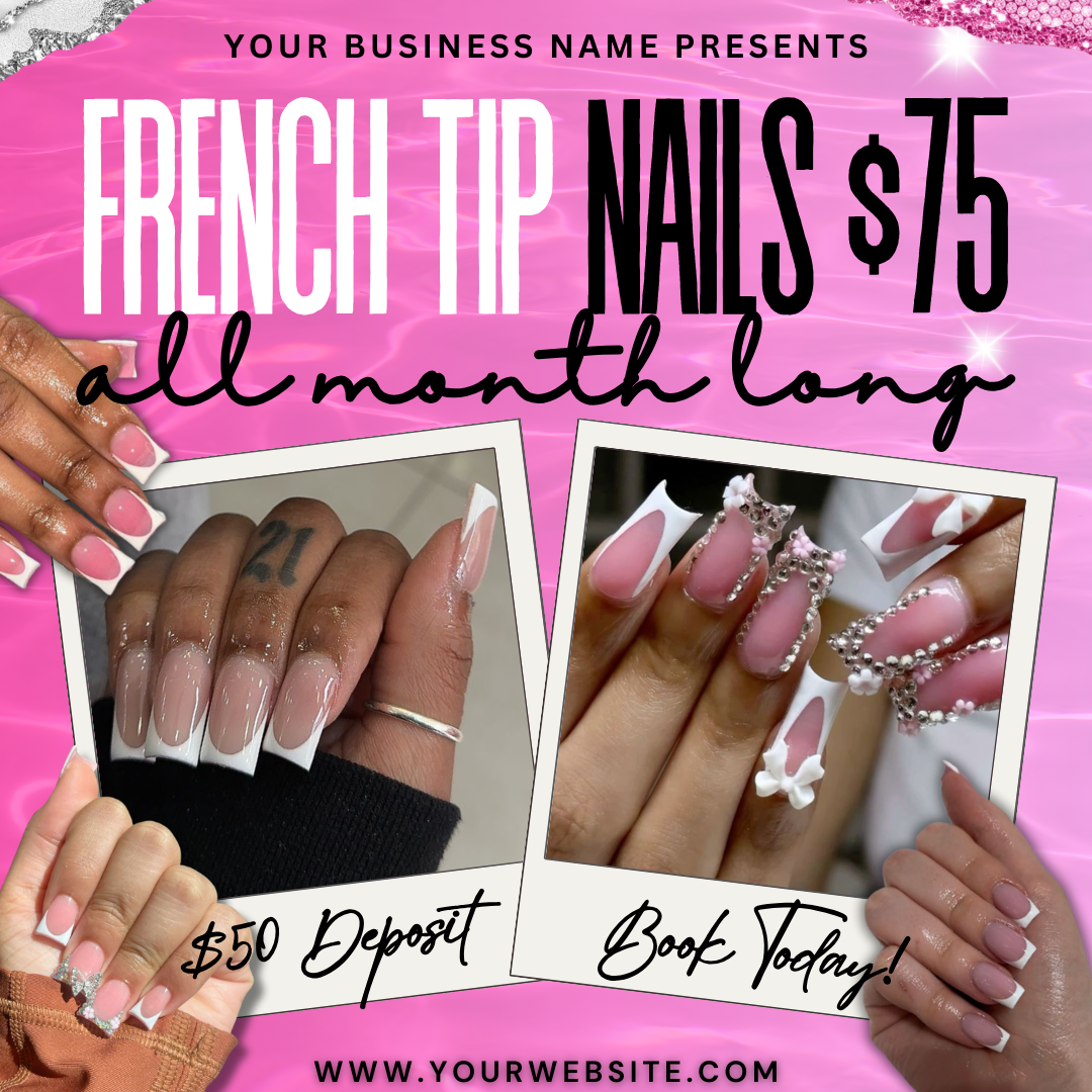 Nail Flyer | French Tip Nails Booking Flyer | Editable Canva Template